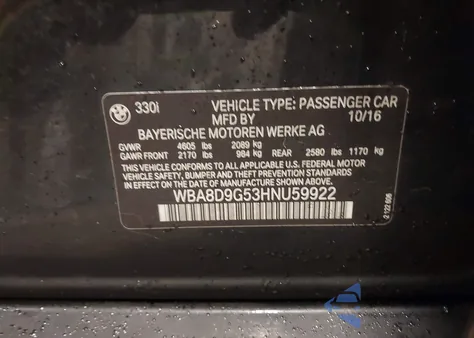 2017 BMW 330I xDrive from USA, damaged, VIN WBA8D9G53HNU59922